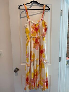 White Floral Midi Sundress with Pink & Yellow Blooms